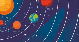 כוכבי לכת וקווים צבעוניים עם טקסט לבן